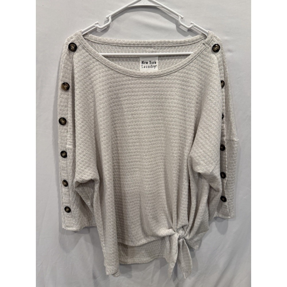 New York Laundry Top XL Beige Waffle Knit Side Button Long Sleeve Tie Front Hem
